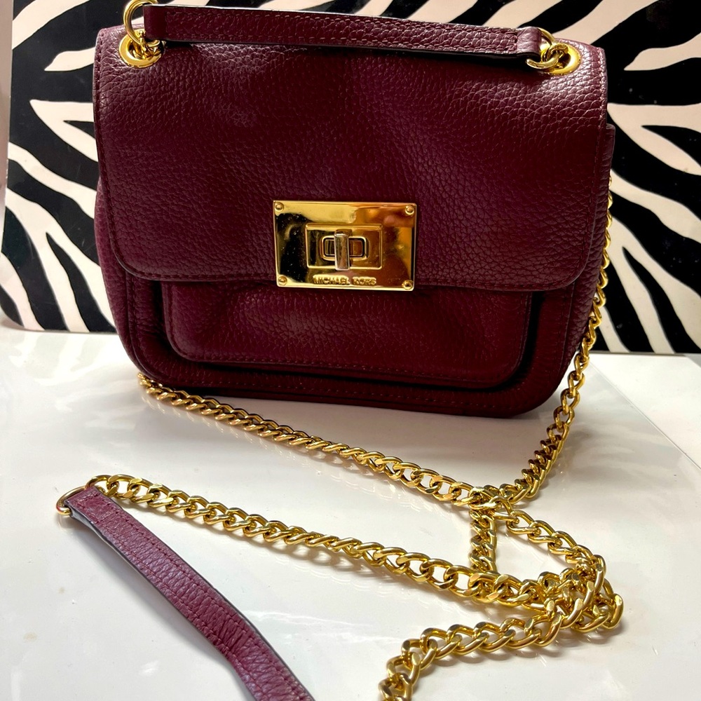 Michael Kors Burgundy Pebbled Leather Crossbody with Gold Chain